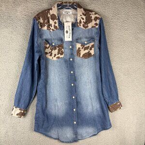 Crazy Train Denim Western Shirt Cow Print Womens Large Chambray Button Front